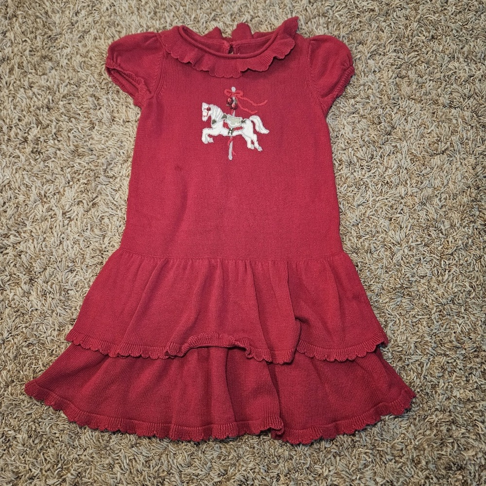 Janie & Jack Kids Red Carousel Horse Knit Sweater Dress Size 4 Ruffles Collar